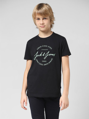 Jack & Jones Junior Boys Typography Cotton Blend Regular T Shirt(Black, Pack of 1)