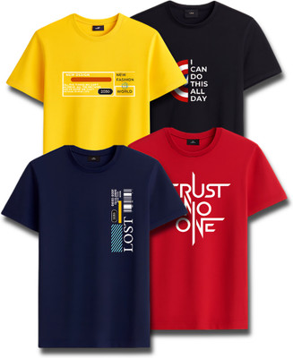 FTC FASHIONS Boys Typography, Graphic Print Cotton Blend Regular T Shirt(Multicolor, Pack of 4)