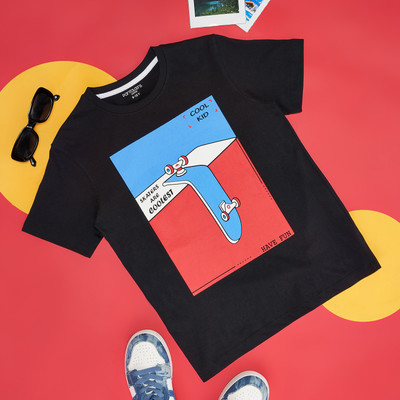 Pantaloons Junior Boys Typography, Printed Pure Cotton Regular T Shirt(Black, Pack of 1)