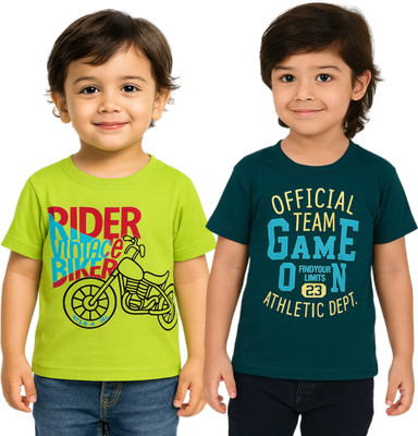 FLOWNIC Boys Graphic Print Cotton Blend Regular T Shirt(Multicolor, Pack of 2)