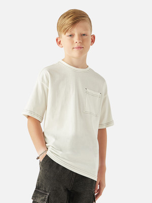 JUNIORS by Babyshop Boys Solid Cotton Blend Regular T Shirt(White, Pack of 1)