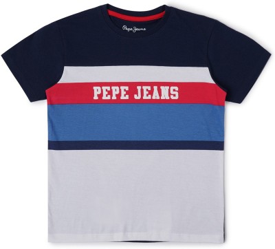 Pepe Jeans Boys Striped Cotton Blend Regular T Shirt(Blue, Pack of 1)