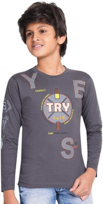 Little Funkyy Boys Typography Cotton Blend Regular T Shirt(Grey, Pack of 1)