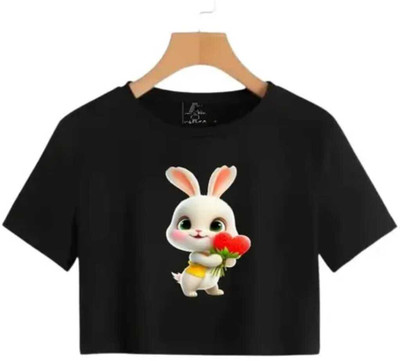 Wearax Girls Graphic Print Cotton Blend Regular T Shirt(Black, Pack of 1)