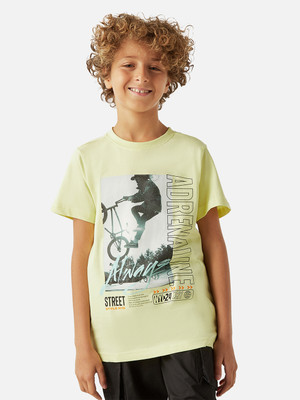 JUNIORS by Babyshop Boys Graphic Print Cotton Blend Regular T Shirt(Yellow, Pack of 1)