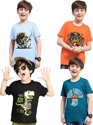 Kiddy Viddy Boys Printed Cotton Blend Regular T Shirt(Dark Blue, Orange, Pack of 4)