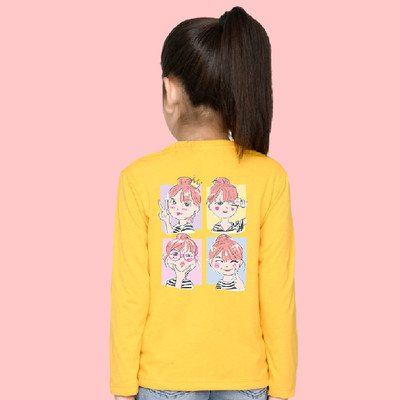 Nusyl Girls Printed Cotton Blend Regular T Shirt(Yellow, Pack of 1)