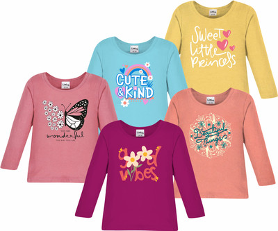Litway Girls Printed Pure Cotton Regular T Shirt(Yellow, Multicolor, Pack of 5)