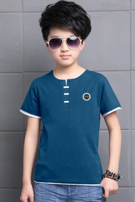 Mameru Boys Solid Cotton Blend Slim T Shirt(Dark Blue, Pack of 1)