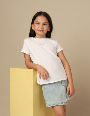 U.S. POLO ASSN. Girls Graphic Print Pure Cotton Regular T Shirt(White, Pack of 1)