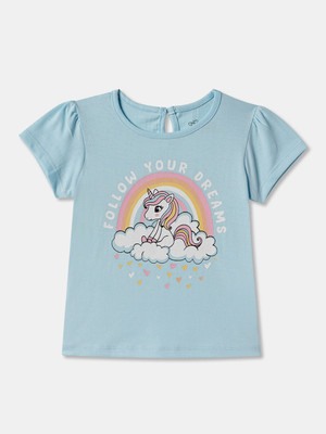 R&B Baby Girls Graphic Print Pure Cotton Regular T Shirt(Blue, Pack of 1)