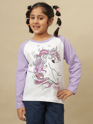 kidsville Girls Printed Cotton Blend Regular T Shirt(Multicolor, Pack of 1)