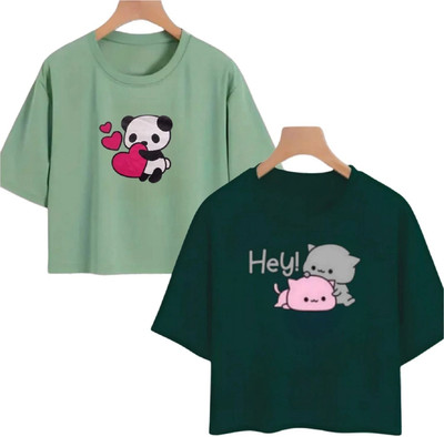 Everfab Girls Cartoon Cotton Blend Regular T Shirt(Green, Pack of 2)