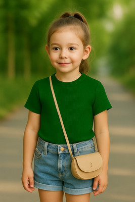 Rory Girls Self Design Cotton Blend Regular T Shirt(Green, Pack of 1)