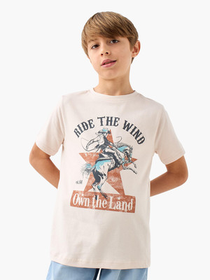 JUNIORS by Babyshop Boys Graphic Print Pure Cotton Regular T Shirt(Beige, Pack of 1)