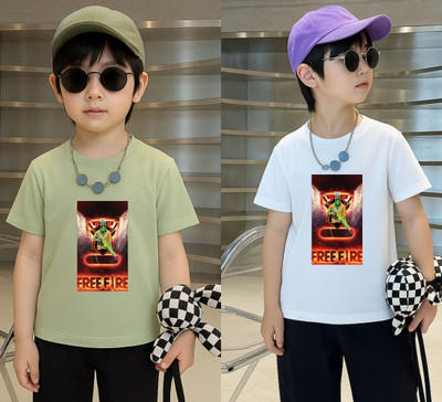 Lecowar Boys Printed Polyester Regular T Shirt(Green, White, Pack of 2)
