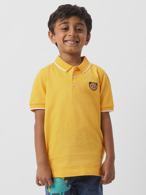 NautiNati Boys Solid Pure Cotton Regular T Shirt(Yellow, Pack of 1)