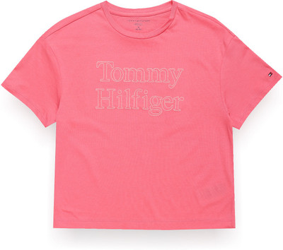 TOMMY HILFIGER Girls Solid Pure Cotton Regular T Shirt(Pink, Pack of 1)