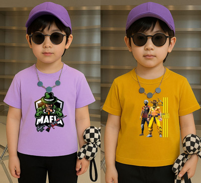 Lecowar Boys Printed Polyester Regular T Shirt(Purple, Yellow, Pack of 2)