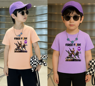 Lecowar Boys Printed Polyester Regular T Shirt(Purple, Orange, Pack of 2)