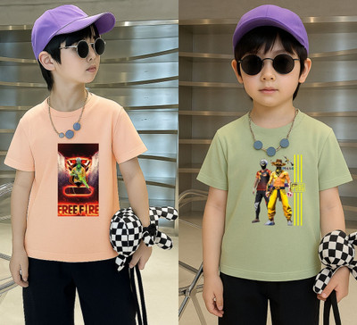 Lecowar Boys Printed Polyester Regular T Shirt(Pink, Green, Pack of 1)