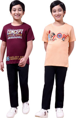 FREEZEANDFROST Boys Printed Cotton Blend Regular T Shirt(Maroon, Purple, Pack of 2)