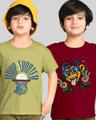 AOOSH Boys Graphic Print Cotton Blend Regular T Shirt(Green, Maroon, Pack of 2)
