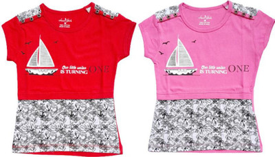 Vivin Collection Girls Printed Cotton Blend Regular T Shirt(Multicolor, Pack of 2)