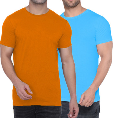 Kroptee Boys Solid Cotton Blend Regular T Shirt(Light Blue, Orange, Pack of 2)