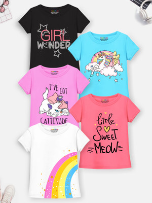 Trampoline Girls Graphic Print Cotton Blend Regular T Shirt(Multicolor, Pack of 5)