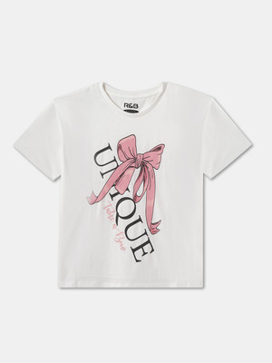 R&B Girls Graphic Print Pure Cotton Regular T Shirt(White, Pack of 1)