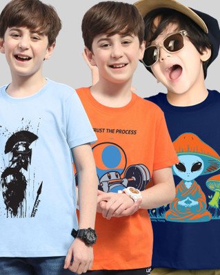 AUSK Boys Printed Cotton Blend Regular T Shirt(Multicolor, Pack of 3)