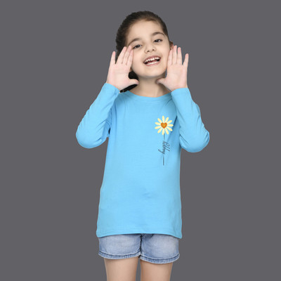 Nusyl Girls Printed Cotton Blend Regular T Shirt(Light Blue, Pack of 1)