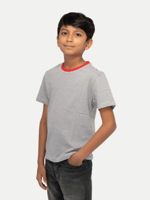 radprix Boys Striped Pure Cotton T Shirt(Grey, Pack of 1)