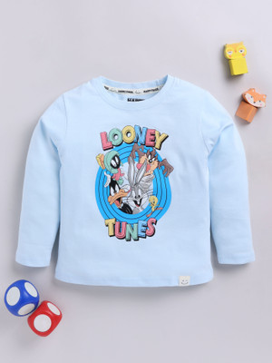 Happy Faces Baby Boys Printed Pure Cotton Regular T Shirt(Blue, Pack of 1)