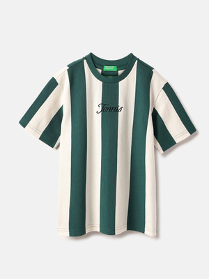 United Colors of Benetton Boys Striped Pure Cotton Regular T Shirt(Green, White, Pack of 1)