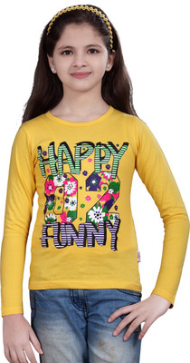 SINI MINI Girls Typography, Printed Pure Cotton Regular T Shirt(Yellow, Pack of 1)