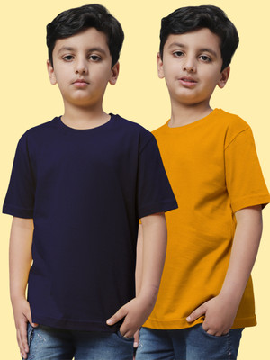 FBAR Boys Solid Pure Cotton Regular T Shirt(Dark Blue, Yellow, Pack of 2)