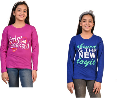 Indistar Girls Printed Pure Cotton Regular T Shirt(Multicolor, Pack of 2)