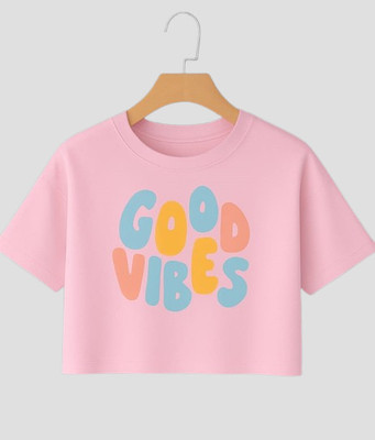 Mukoo Girls Printed Cotton Blend Regular T Shirt(Pink, Pack of 1)