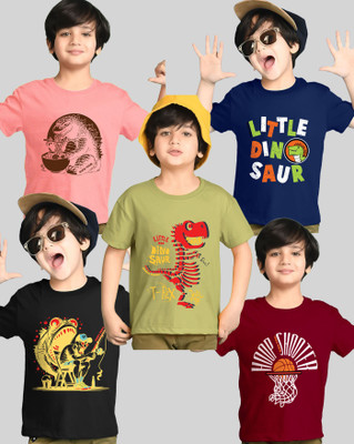 AUSK Boys Printed Cotton Blend Regular T Shirt(Green, Maroon, Pack of 5)