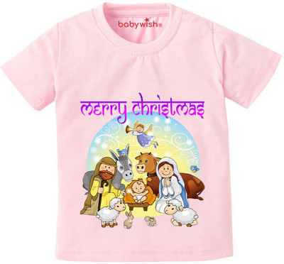 Babywish Boys & Girls Graphic Print Pure Cotton Regular T Shirt(Pink, Pack of 1)