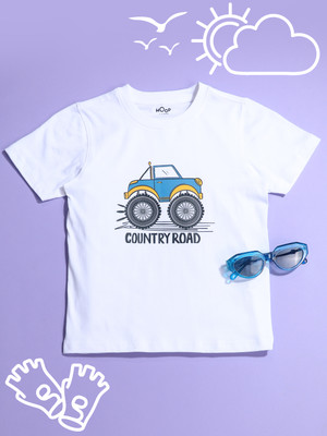 Hoop Boys Printed Pure Cotton Regular T Shirt(White, Pack of 1)
