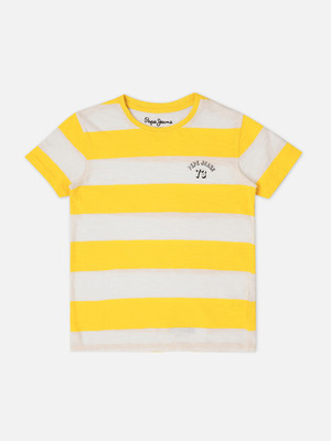 Pepe Jeans Boys Striped Pure Cotton Regular T Shirt(Yellow, Pack of 1)