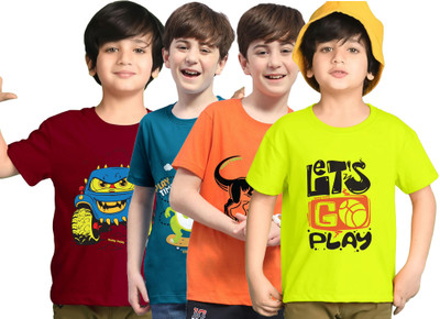 Kiddy Viddy Boys Printed Cotton Blend Regular T Shirt(Light Green, Orange, Pack of 4)
