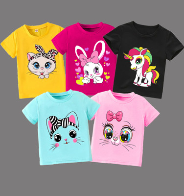 HEYDALS Girls Printed Cotton Blend Regular T Shirt(Multicolor, Pack of 5)