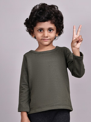 Andk Girls Solid Pure Cotton Regular T Shirt(Dark Green, Pack of 1)