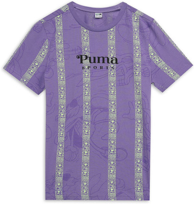 PUMA Boys Printed Cotton Blend Regular T Shirt(Purple, Pack of 1)