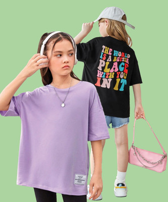 QUIN FLETCHER Girls Graphic Print Pure Cotton Oversized T Shirt(Multicolor, Pack of 2)