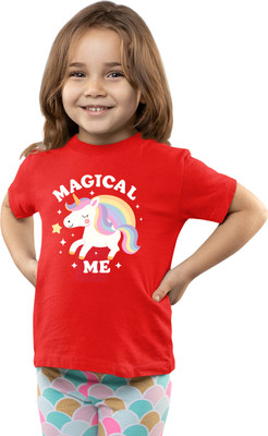 Printabulous Girls Printed Pure Cotton Regular T Shirt(Red, Pack of 1)